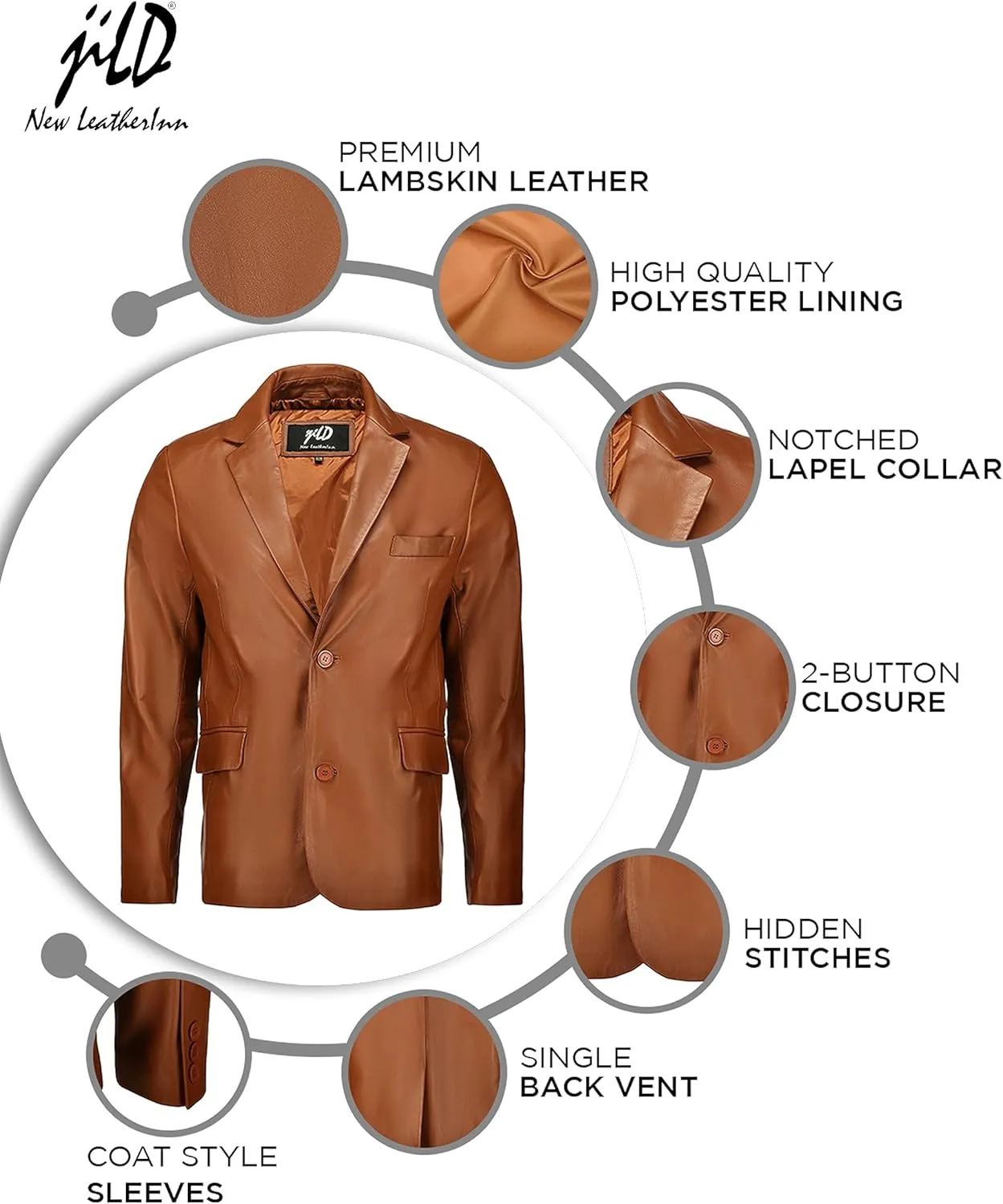 Jild Invisible Stitching Casual Leather Blazer for Men - 2-Button Closure Coat Style Regular Fit Lambskin Leather Jacket Men