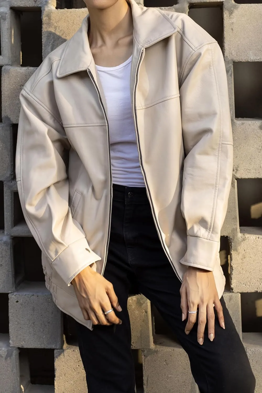 Jild Oversized Leather Jacket Women - Lambskin Leather Fall Jacket for Womens Fashion Plus Size Outfits