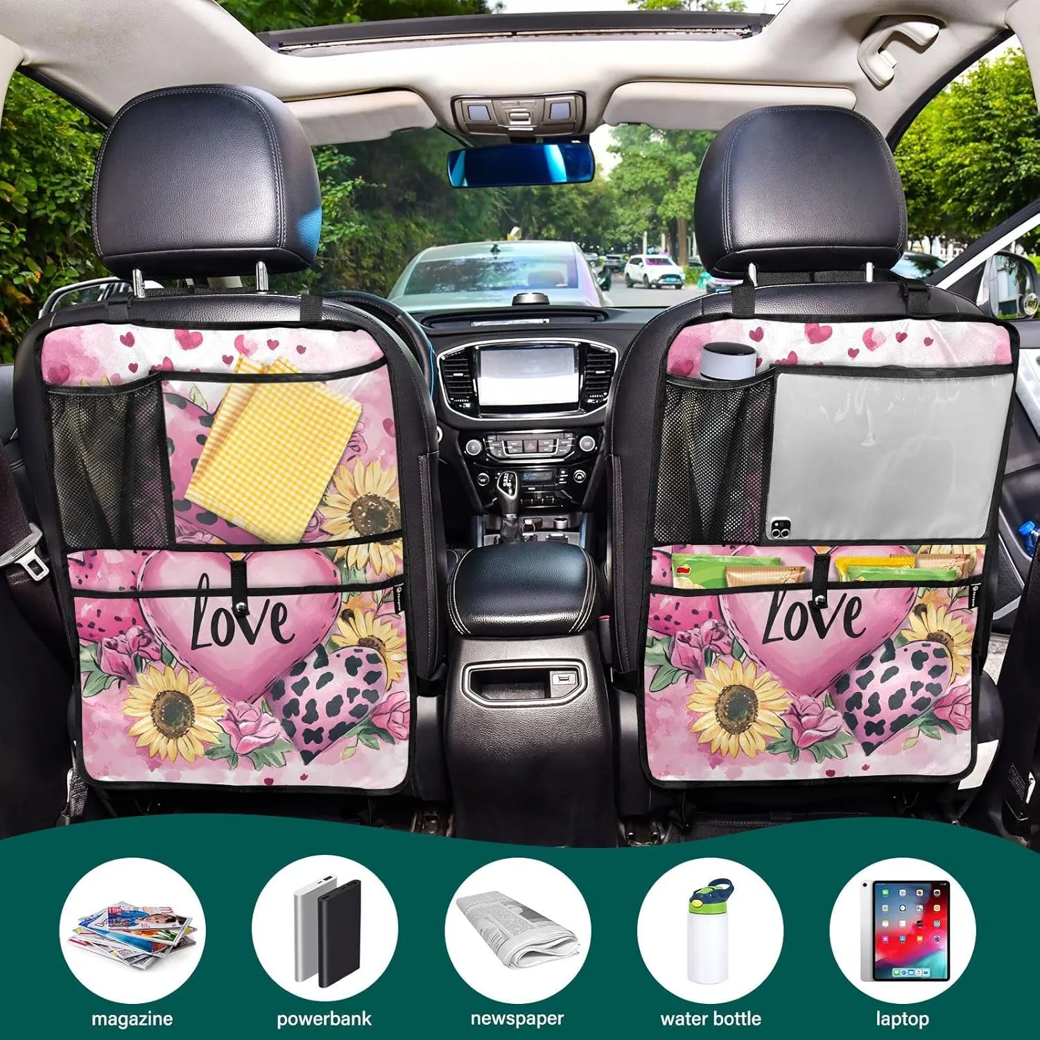 JIPONI Car Backseat Organizer, Leopard Heart Sunflower Automotive Back Seat Protector, Kick Mats with Storage Pockets for Kids Pets, Road Trip Accessories (2 Pack)
