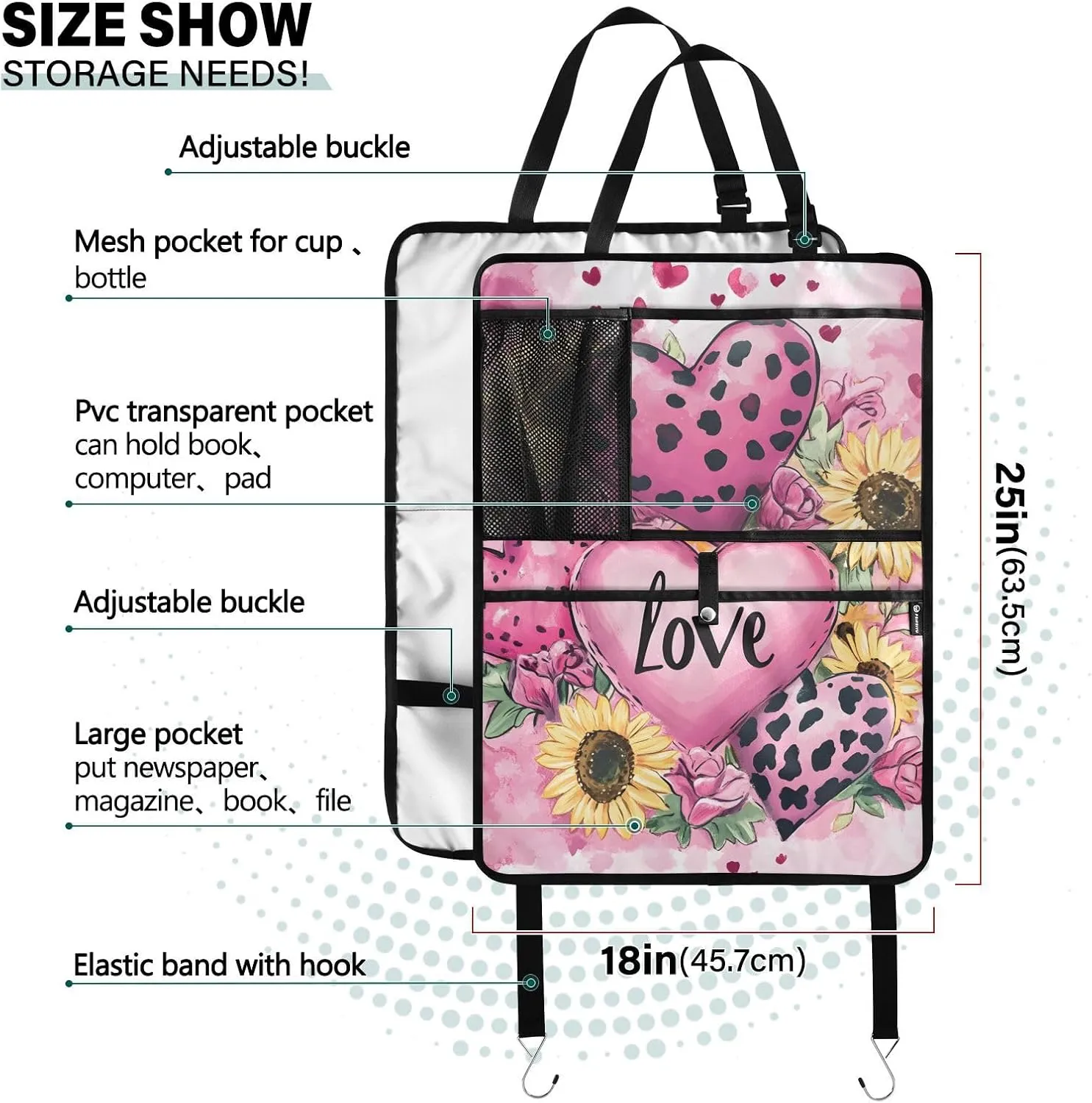JIPONI Car Backseat Organizer, Leopard Heart Sunflower Automotive Back Seat Protector, Kick Mats with Storage Pockets for Kids Pets, Road Trip Accessories (2 Pack)