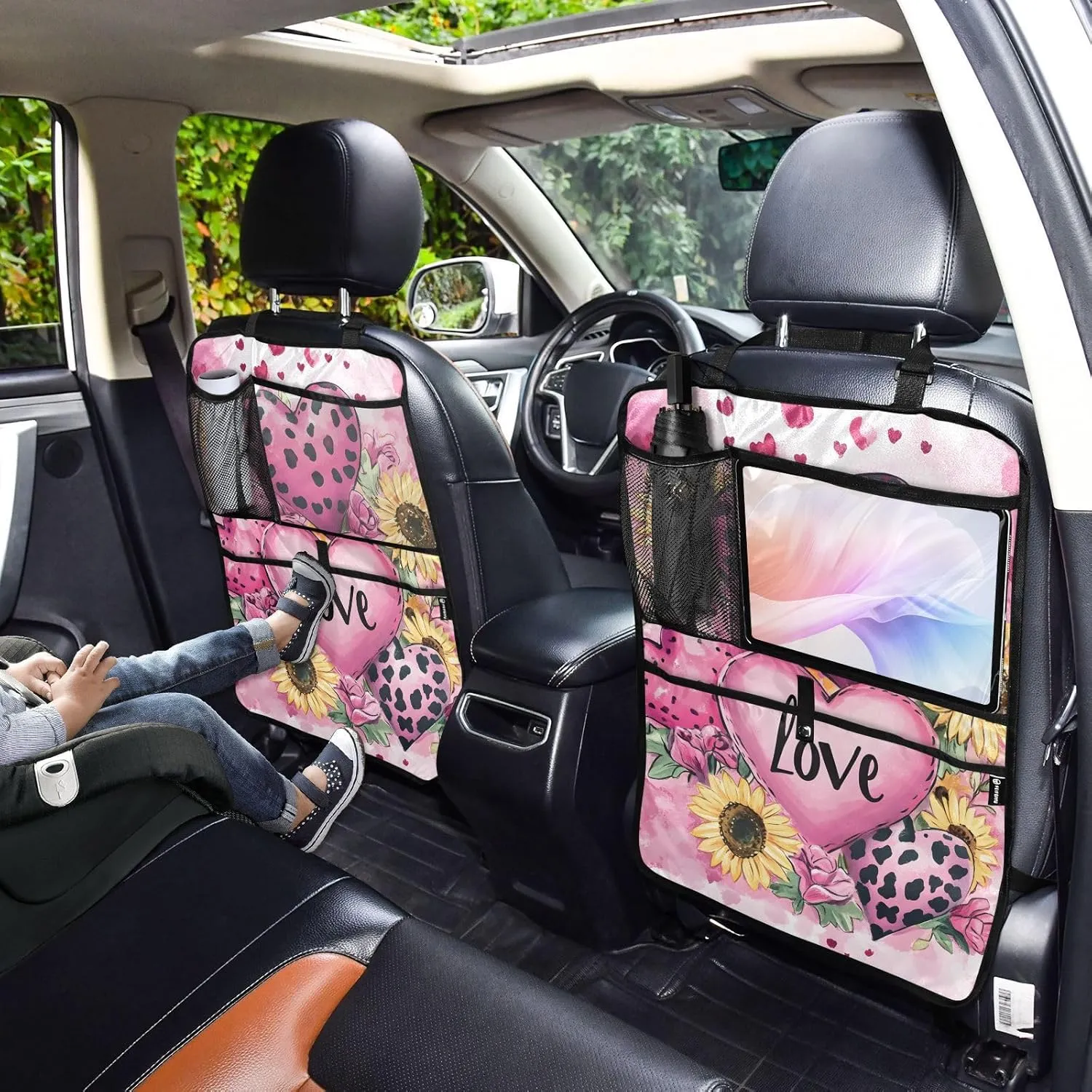 JIPONI Car Backseat Organizer, Leopard Heart Sunflower Automotive Back Seat Protector, Kick Mats with Storage Pockets for Kids Pets, Road Trip Accessories (2 Pack)