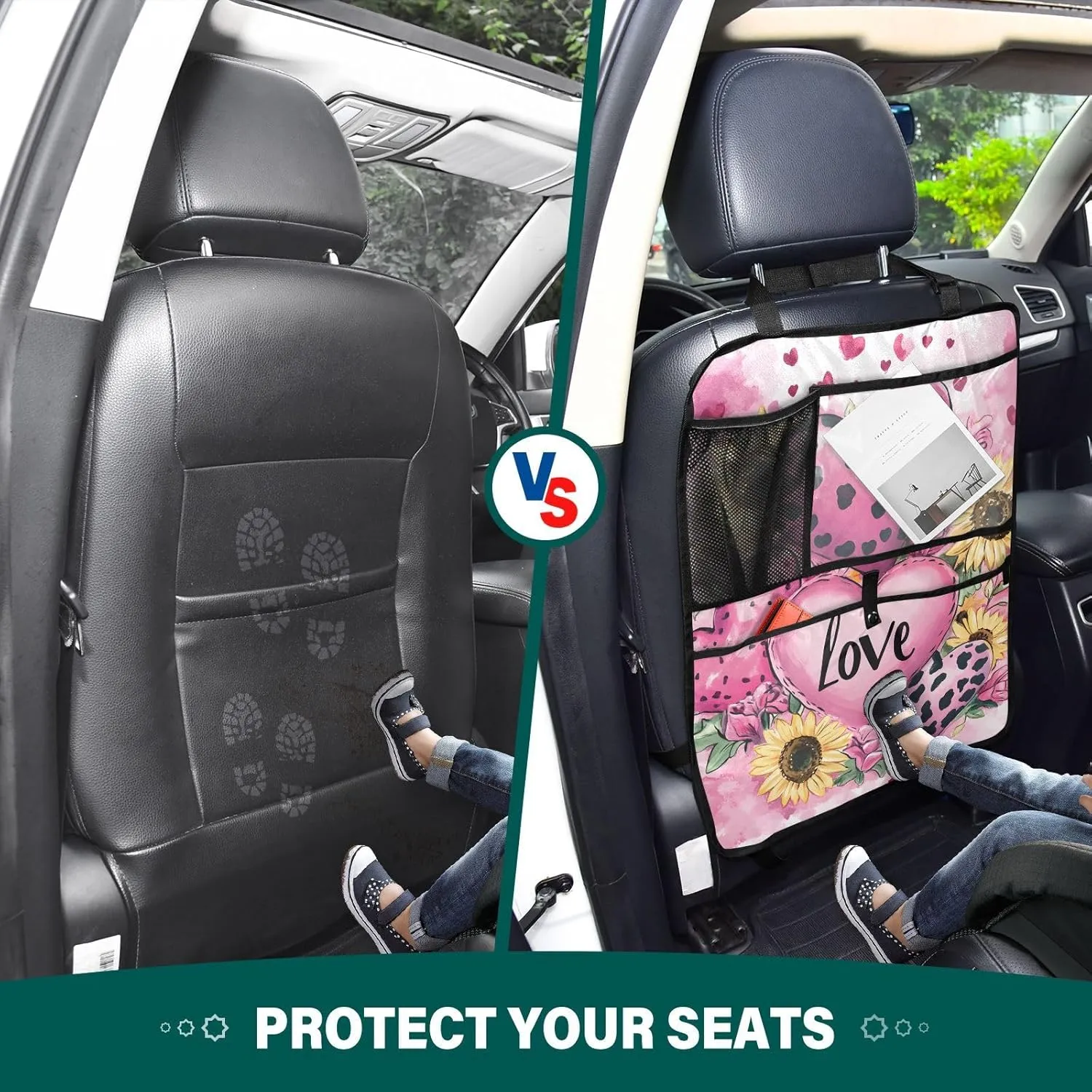 JIPONI Car Backseat Organizer, Leopard Heart Sunflower Automotive Back Seat Protector, Kick Mats with Storage Pockets for Kids Pets, Road Trip Accessories (2 Pack)