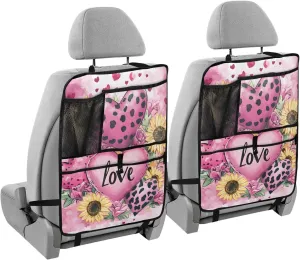 JIPONI Car Backseat Organizer, Leopard Heart Sunflower Automotive Back Seat Protector, Kick Mats with Storage Pockets for Kids Pets, Road Trip Accessories (2 Pack)
