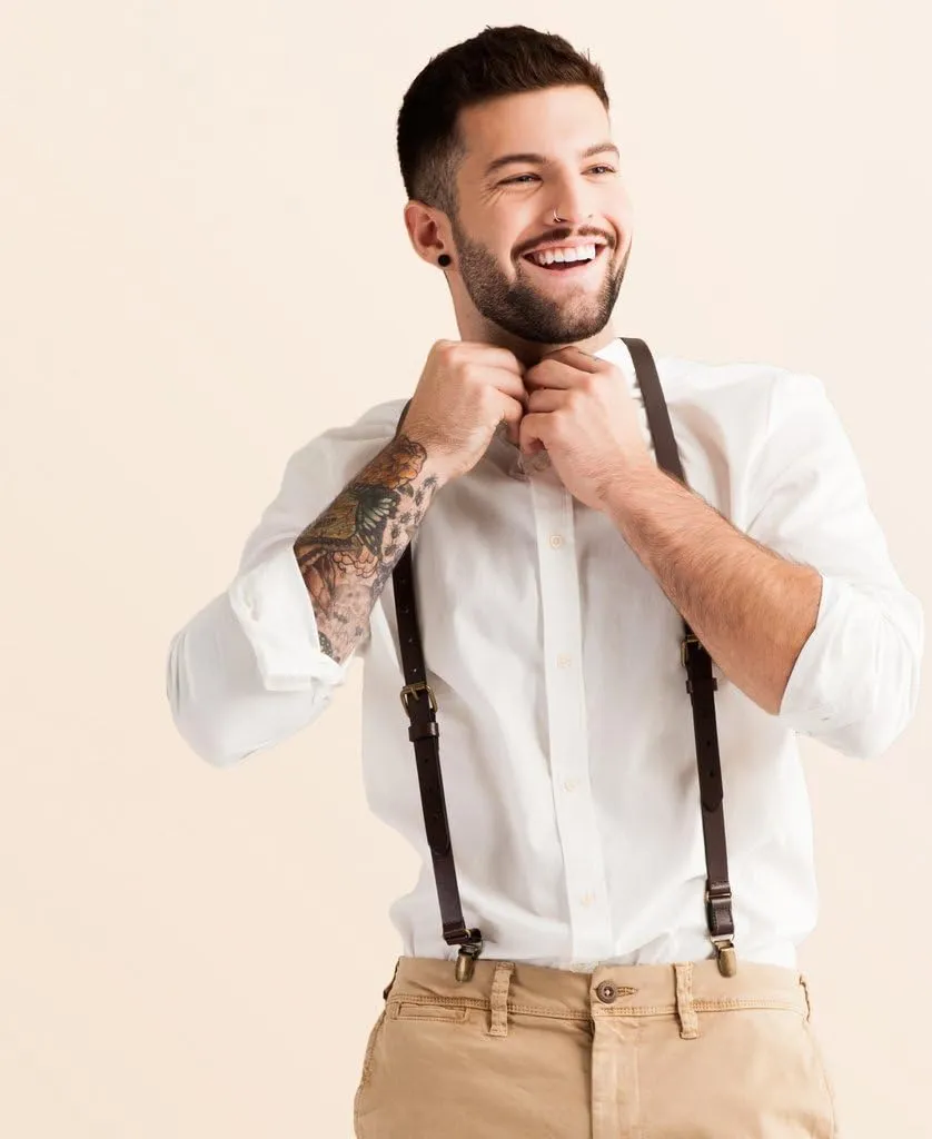 JJ Suspenders Genuine Leather Suspenders For Men with Elastic Strap & Interchangeable Clips