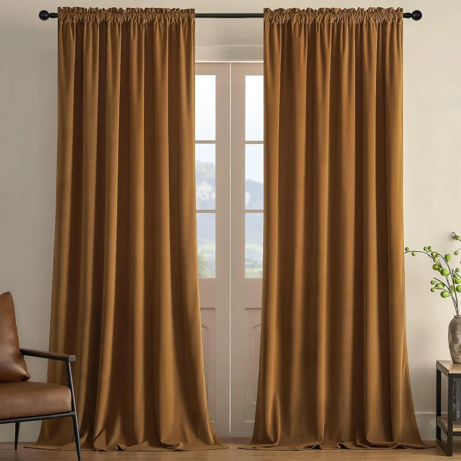 Joydeco Camel Brown Velvet Curtains 90 inch Length 2 Panels, Luxury Blackout Rod Pocket Thermal Insulated Window Curtains, Super Soft Room Darkening Drapes for Living Room Bedroom,W52 x L90 inches