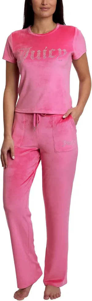 Juicy Couture Women's 2 Piece Velvet Fleece Short Sleeve Shirt and Pants Lounge Sleepwear Set