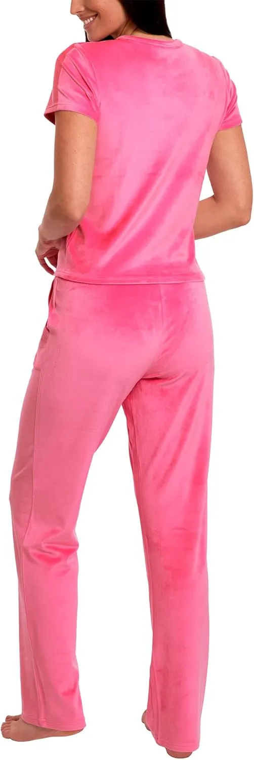 Juicy Couture Women's 2 Piece Velvet Fleece Short Sleeve Shirt and Pants Lounge Sleepwear Set