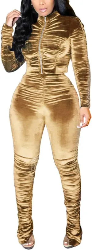 KANSOON Track Suits for Women Set 2 Piece Sweatsuits Outfits Velour Ruched Long Sleeve Zip Up Jacket and Pants Sets