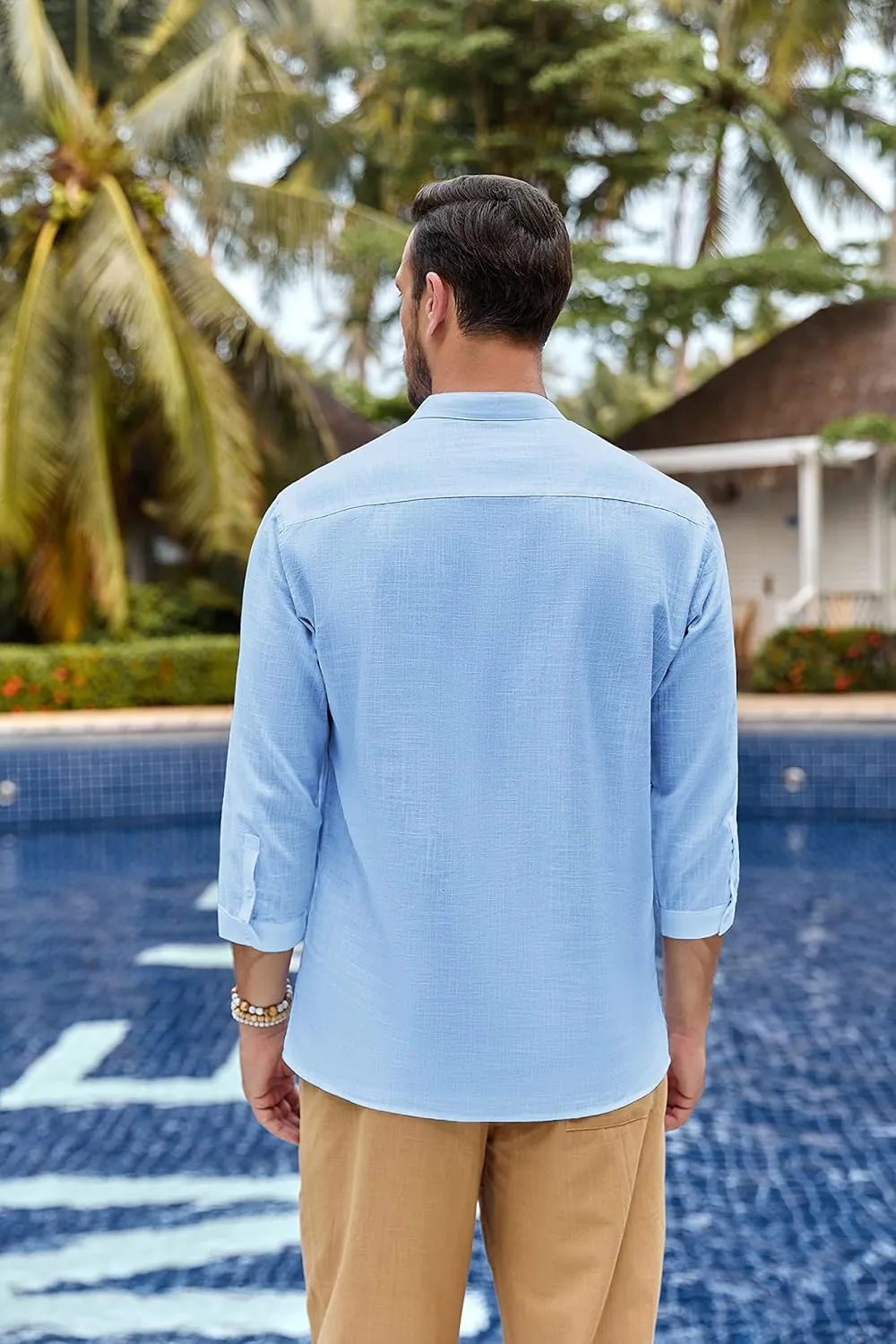 Karlywindow Mens Linen Henley Shirts Long Sleeve Hippie Yoga Summer Beach Casual Henleys T-Shirt
