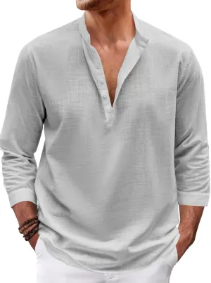 Karlywindow Mens Linen Henley Shirts Long Sleeve Hippie Yoga Summer Beach Casual Henleys T-Shirt