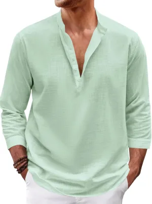 Karlywindow Mens Linen Henley Shirts Long Sleeve Hippie Yoga Summer Beach Casual Henleys T-Shirt