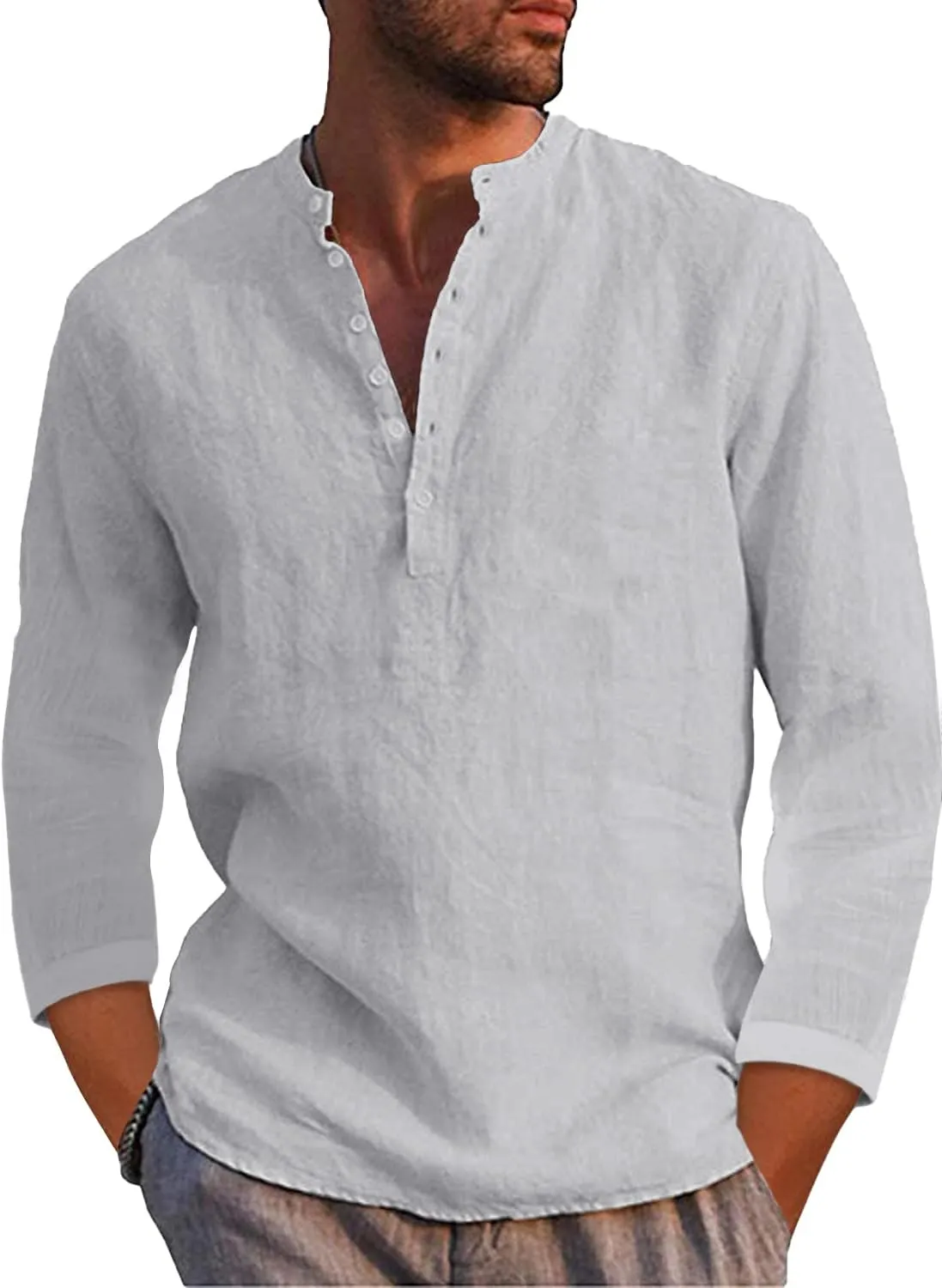 Karlywindow Mens Linen Henley Shirts Long Sleeve Hippie Yoga Summer Beach Casual Henleys T-Shirt