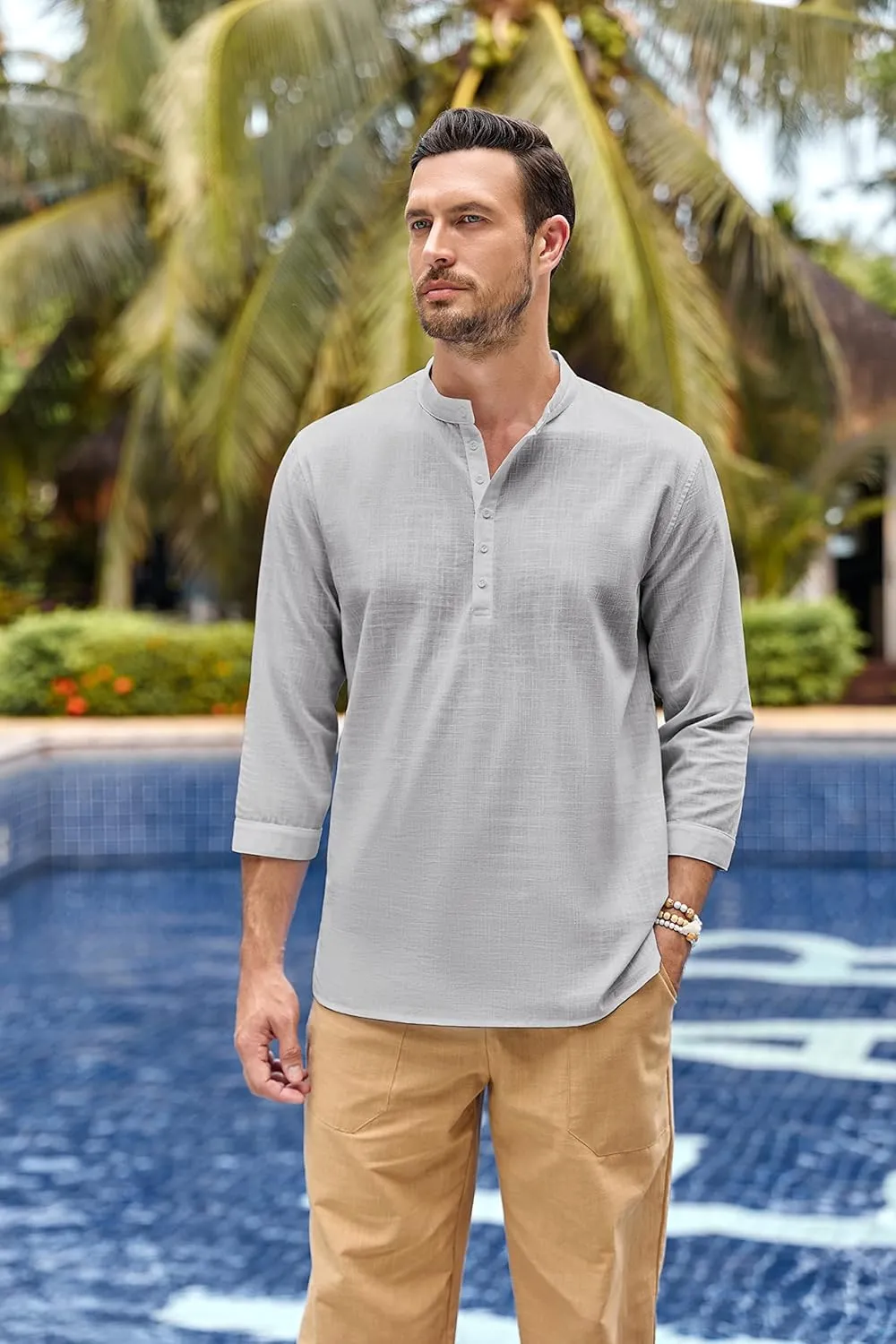 Karlywindow Mens Linen Henley Shirts Long Sleeve Hippie Yoga Summer Beach Casual Henleys T-Shirt
