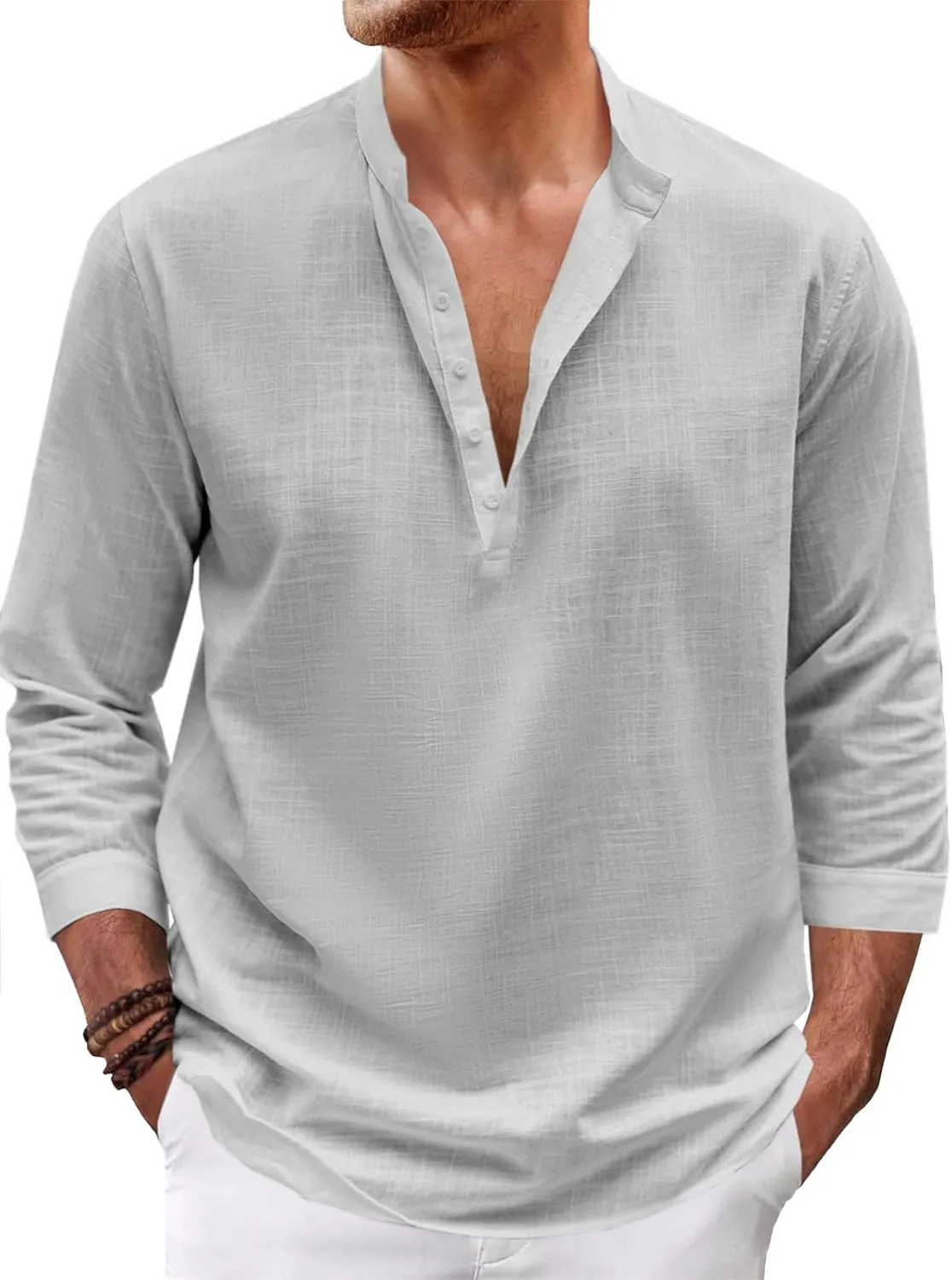 Karlywindow Mens Linen Henley Shirts Long Sleeve Hippie Yoga Summer Beach Casual Henleys T-Shirt