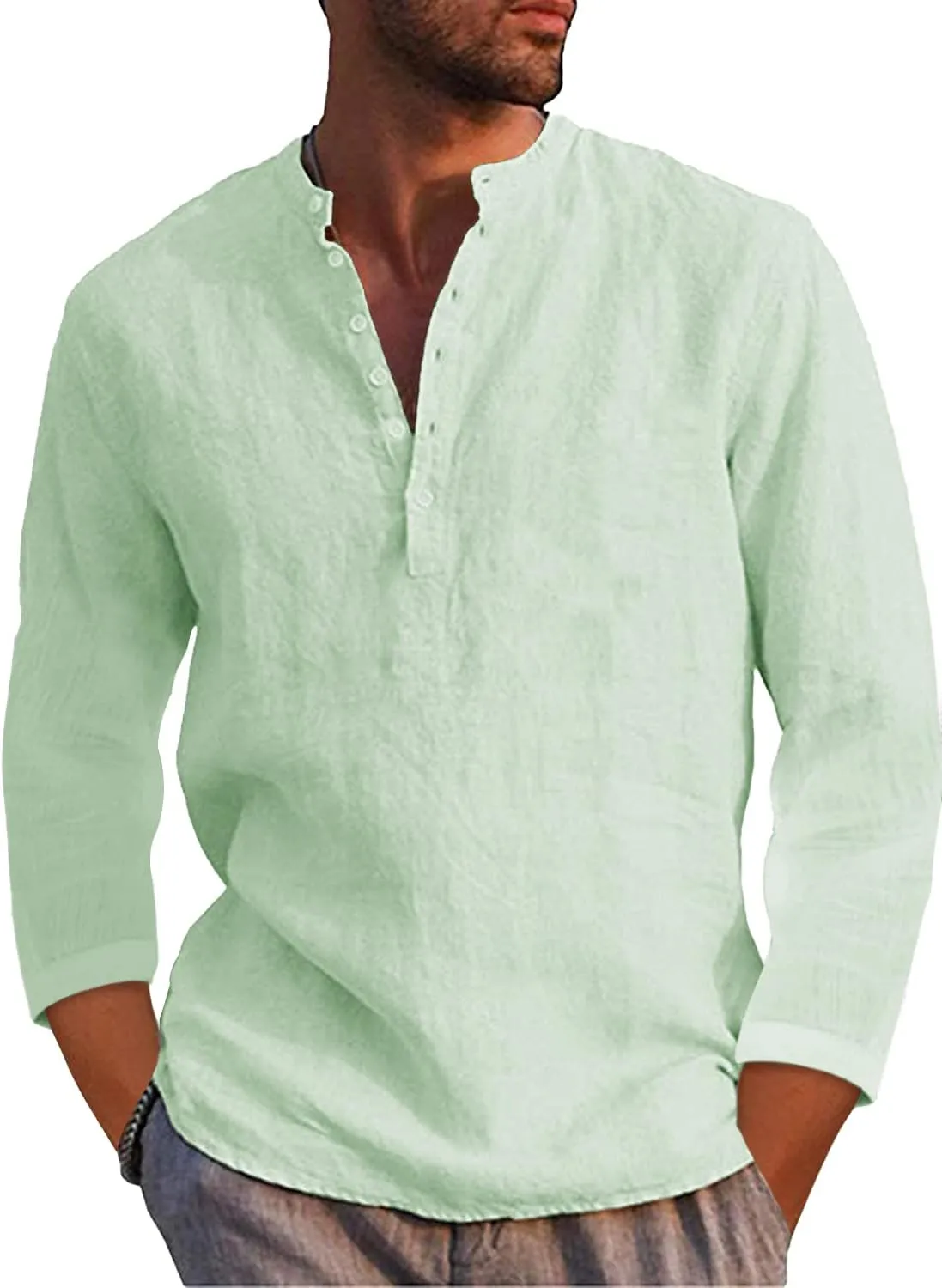 Karlywindow Mens Linen Henley Shirts Long Sleeve Hippie Yoga Summer Beach Casual Henleys T-Shirt