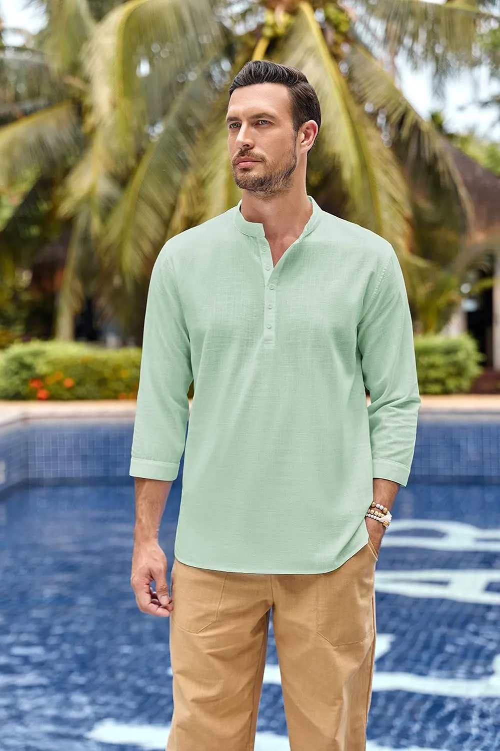 Karlywindow Mens Linen Henley Shirts Long Sleeve Hippie Yoga Summer Beach Casual Henleys T-Shirt