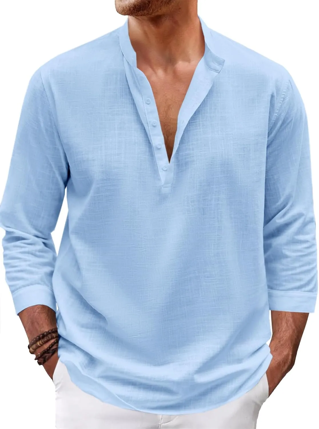 Karlywindow Mens Linen Henley Shirts Long Sleeve Hippie Yoga Summer Beach Casual Henleys T-Shirt