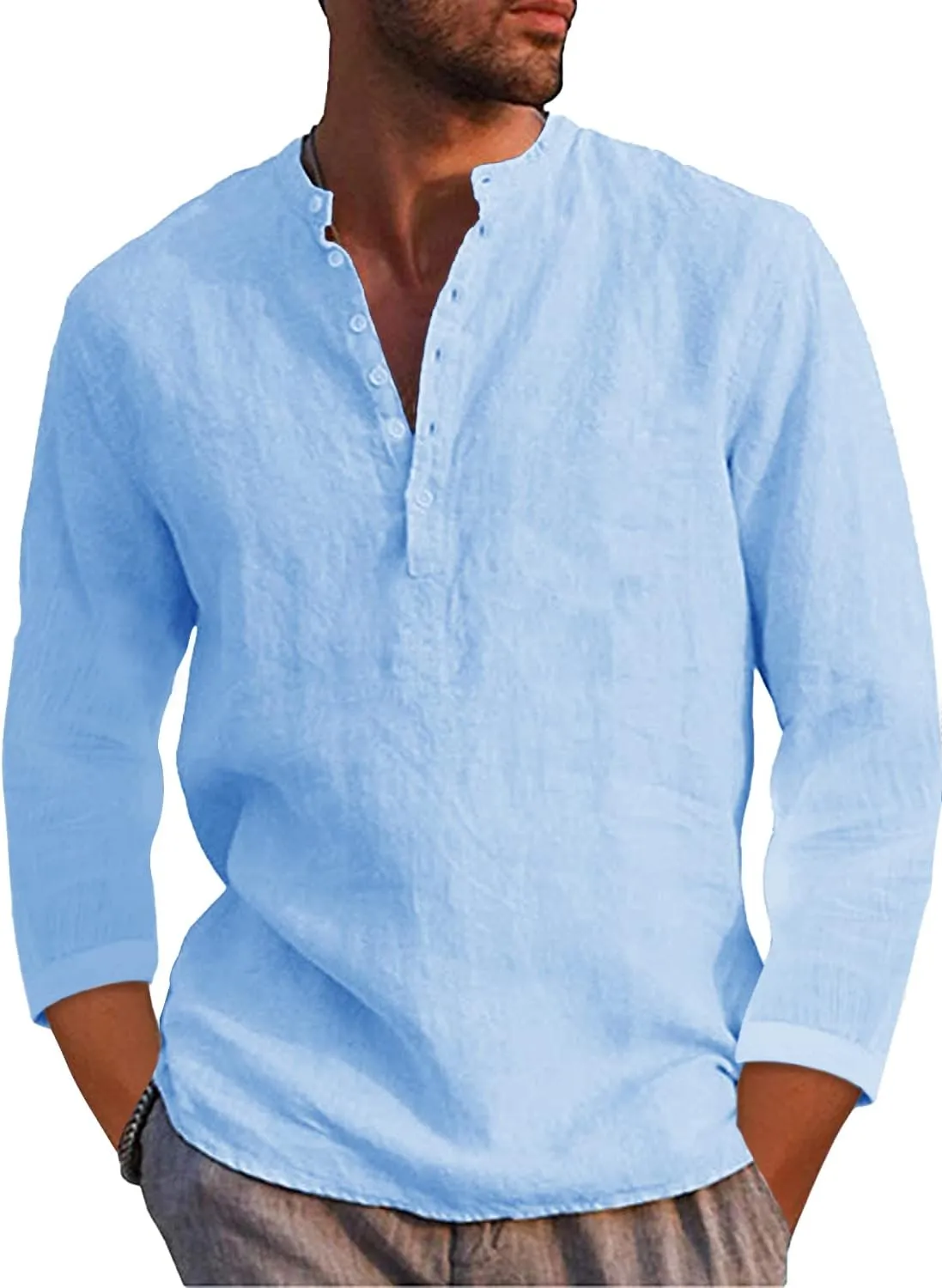 Karlywindow Mens Linen Henley Shirts Long Sleeve Hippie Yoga Summer Beach Casual Henleys T-Shirt
