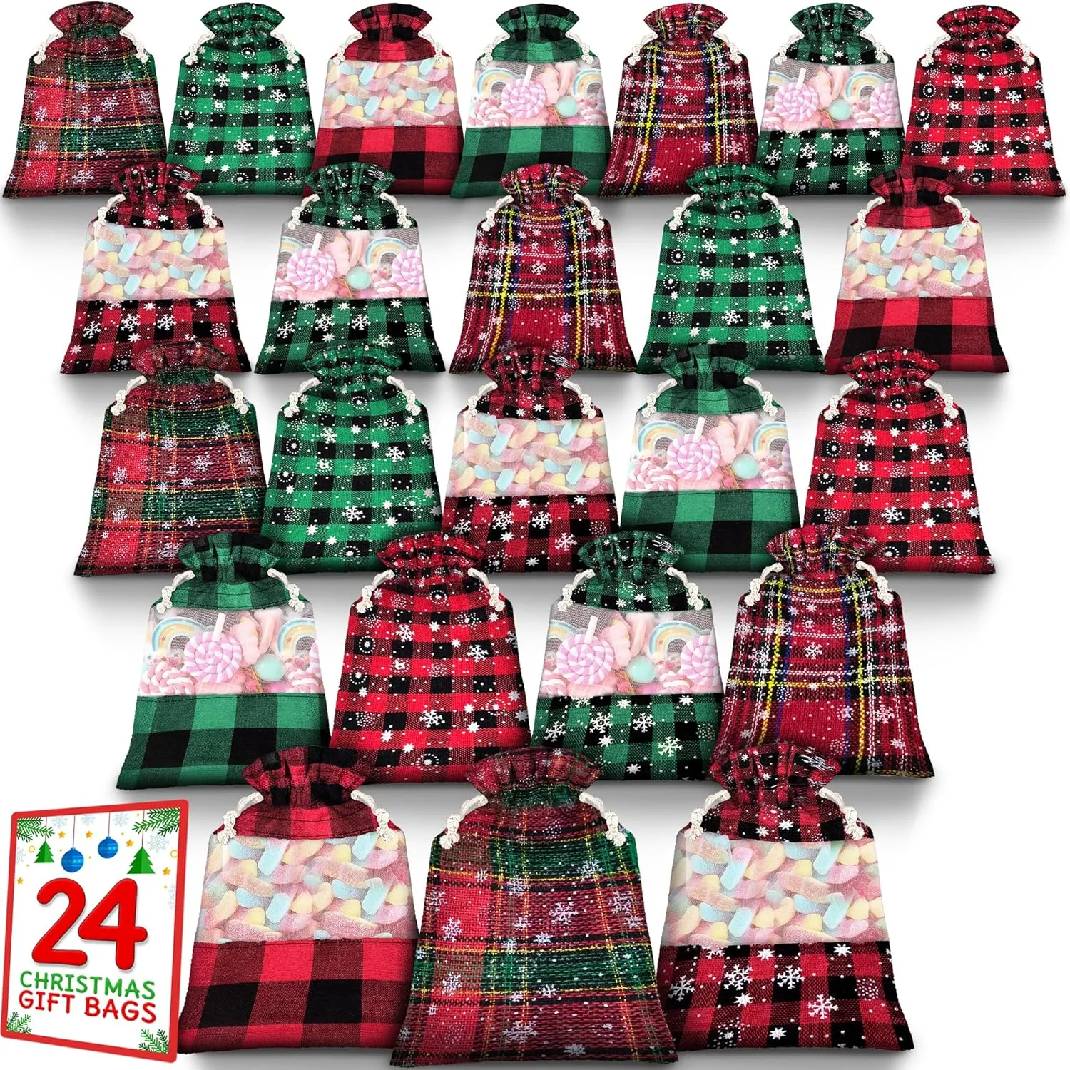 KatchOn Buffalo Plaid Christmas Bags - 6x4 Inch, Pack of 24 | Mini Holiday Goodie Bags | Christmas Drawstring Party Favors