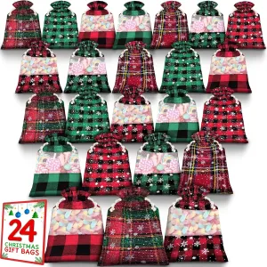 KatchOn Buffalo Plaid Christmas Bags - 6x4 Inch, Pack of 24 | Mini Holiday Goodie Bags | Christmas Drawstring Party Favors
