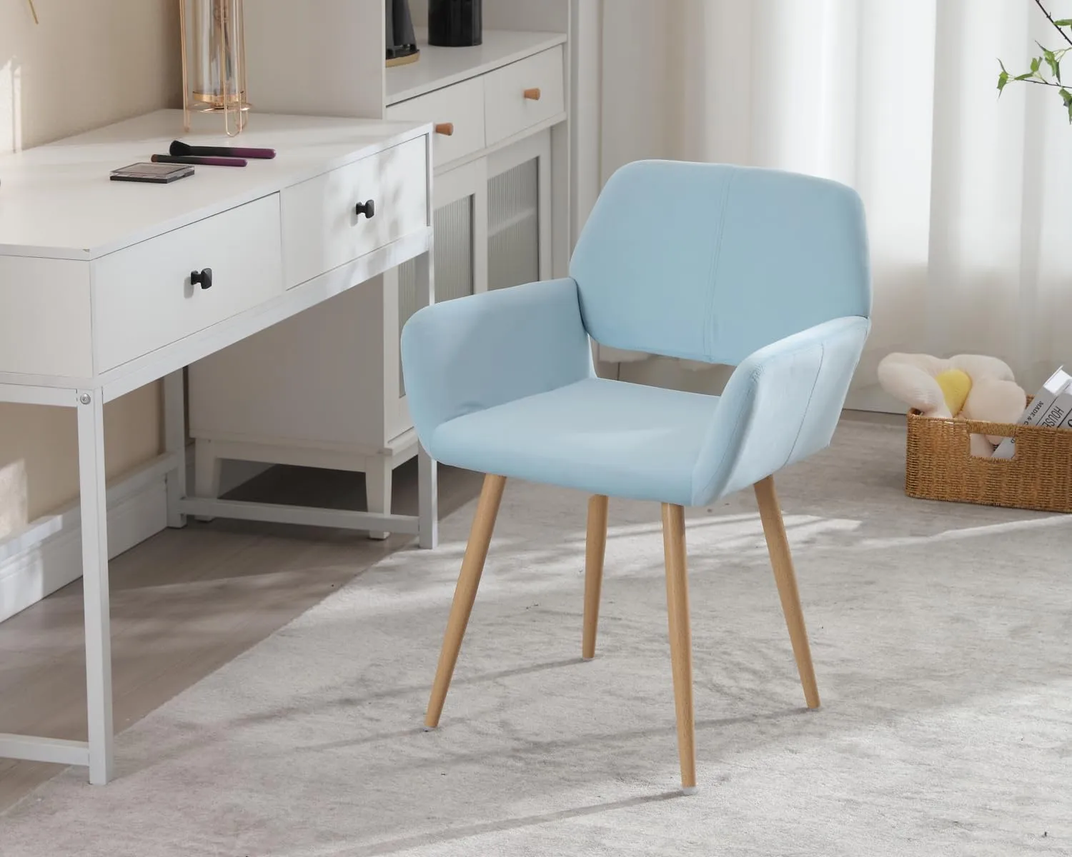 KCC Small Modern Dining Room Arm Chairs 1 Piece, Mid-Century Upholstered Velvet Side Seat Club Guest with Metal Tube Legs for Kitchen, Living Room, Blue