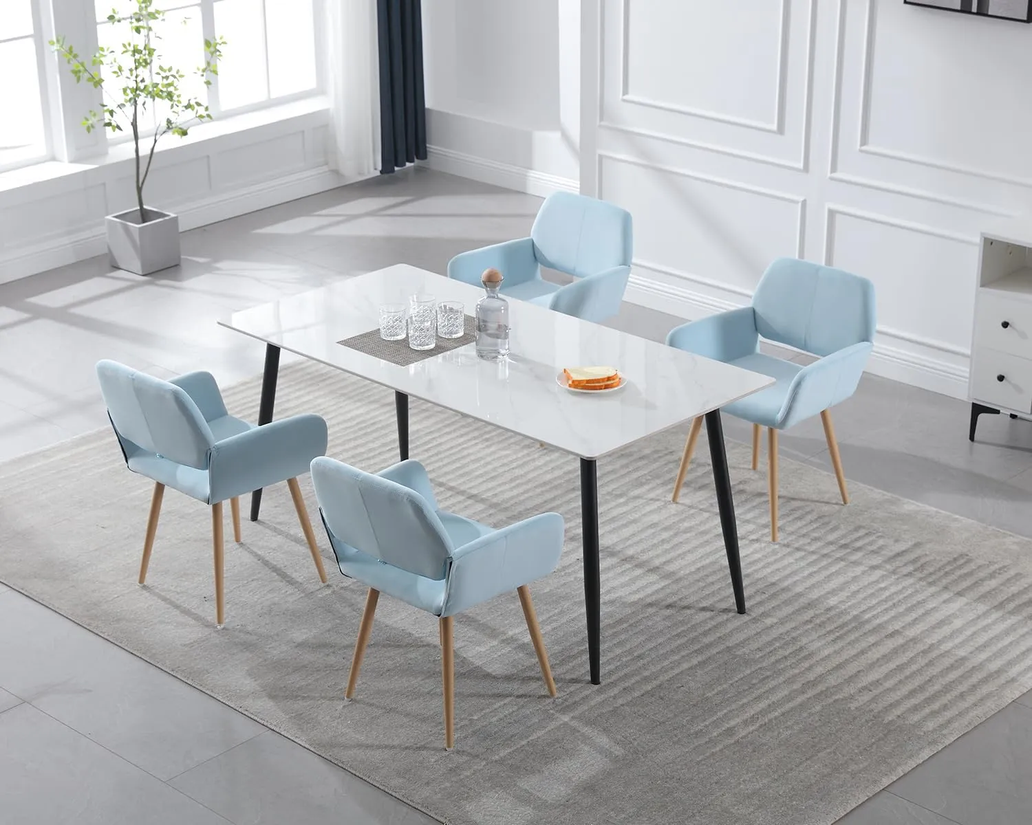 KCC Small Modern Dining Room Arm Chairs 1 Piece, Mid-Century Upholstered Velvet Side Seat Club Guest with Metal Tube Legs for Kitchen, Living Room, Blue