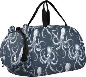 Kids Sport Duffel Bag Octopus Squid Seahorse Sketch Unisex Overnight Travel Gym Bag