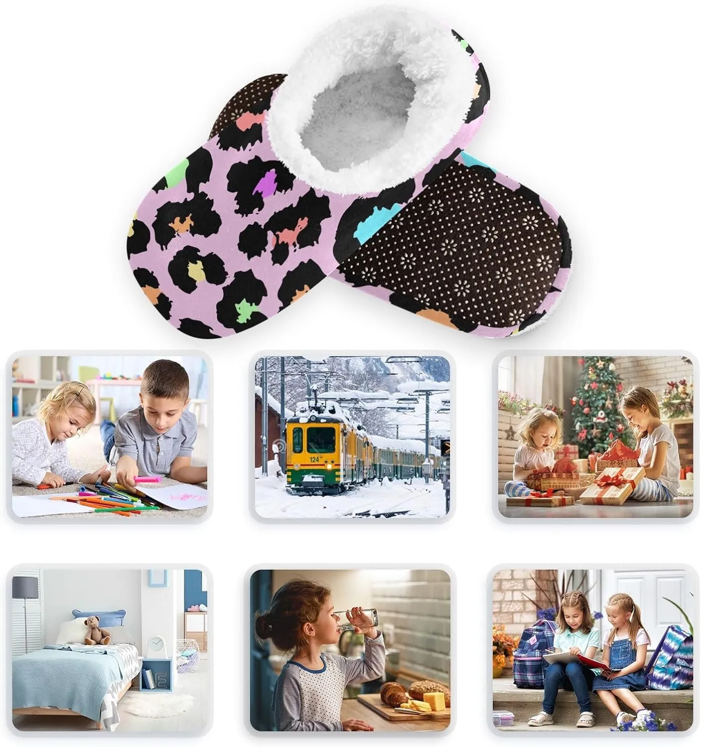 Kids Winter Slippers for Boys Girls Leopard Skin Animal Print Warm Soft Non Slip House Slippers Children Indoor