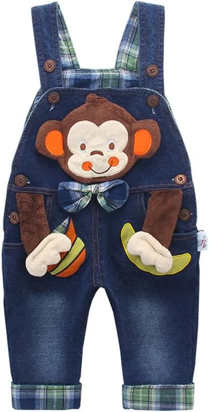 KIDSCOOL SPACE Baby Boy Girl Jean Overalls,Toddler Denim 3D Monkey Dungarees Pants