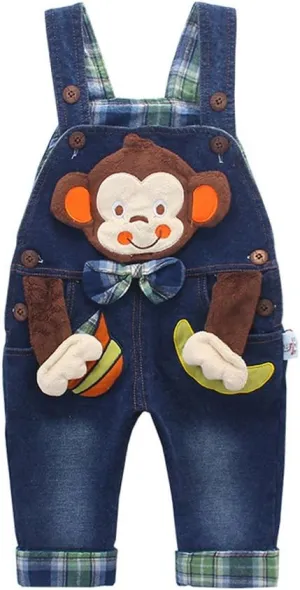 KIDSCOOL SPACE Baby Boy Girl Jean Overalls,Toddler Denim 3D Monkey Dungarees Pants
