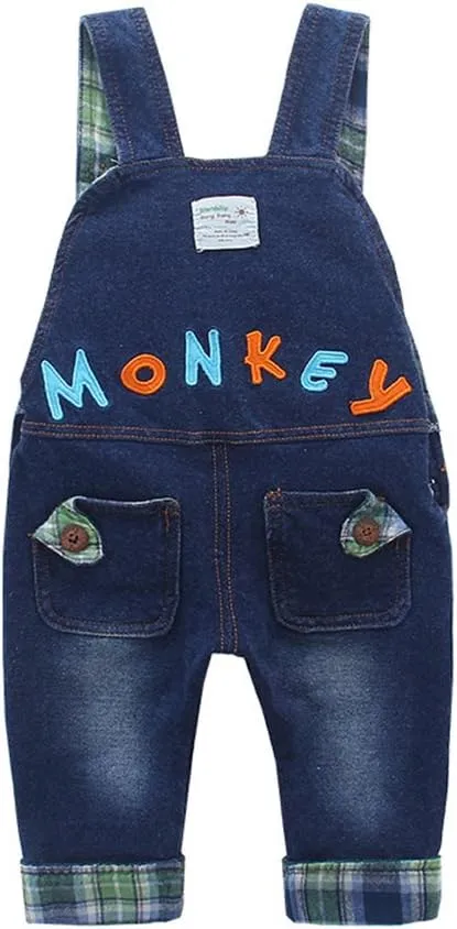 KIDSCOOL SPACE Baby Boy Girl Jean Overalls,Toddler Denim 3D Monkey Dungarees Pants