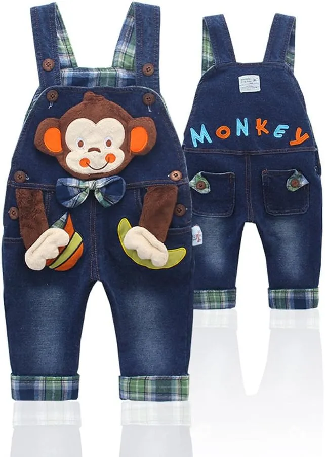 KIDSCOOL SPACE Baby Boy Girl Jean Overalls,Toddler Denim 3D Monkey Dungarees Pants
