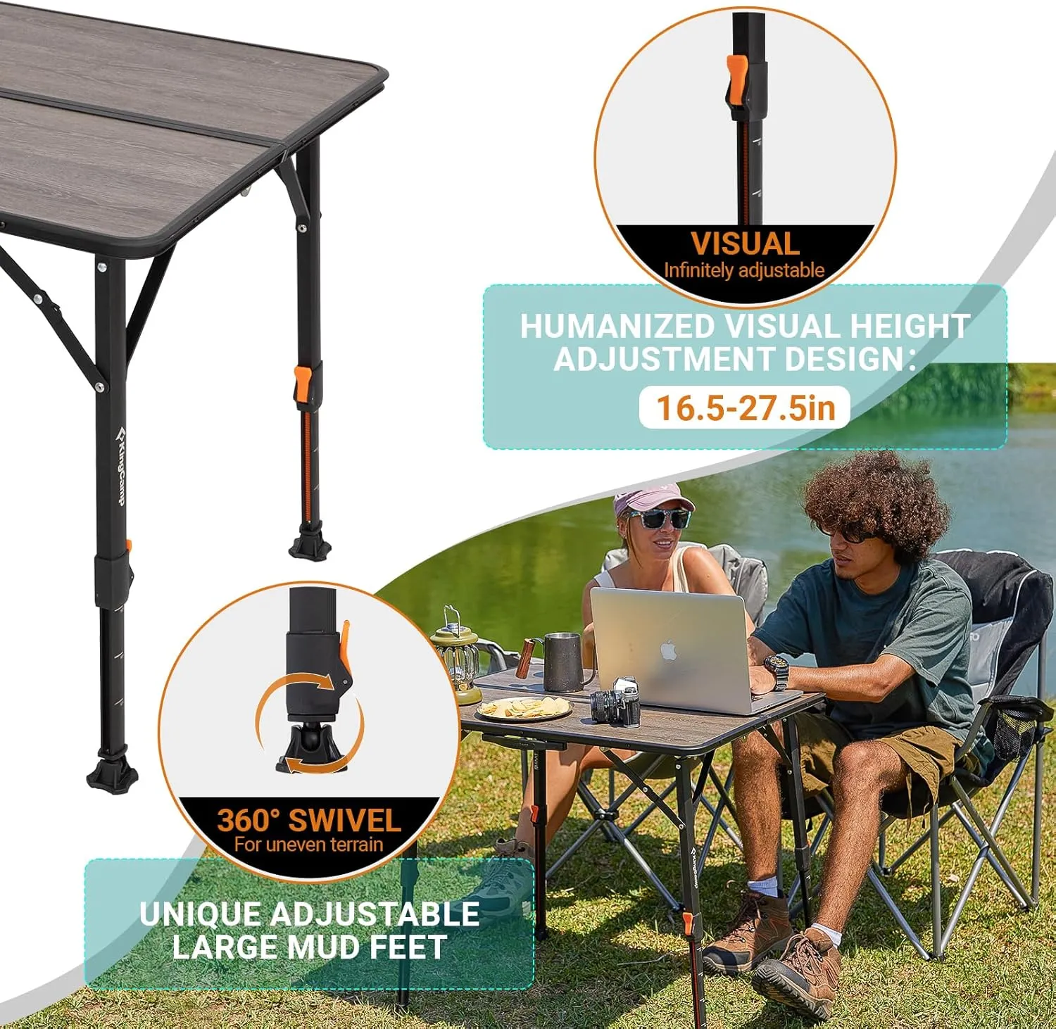 KingCamp Folding Glass Fiber Camping Table, Portable Camp Table with Adjustable Height Aluminum Legs & Carry Bag for Outdoor, Picnic, Beach, Party, Indoor, Use for 2-4 People
