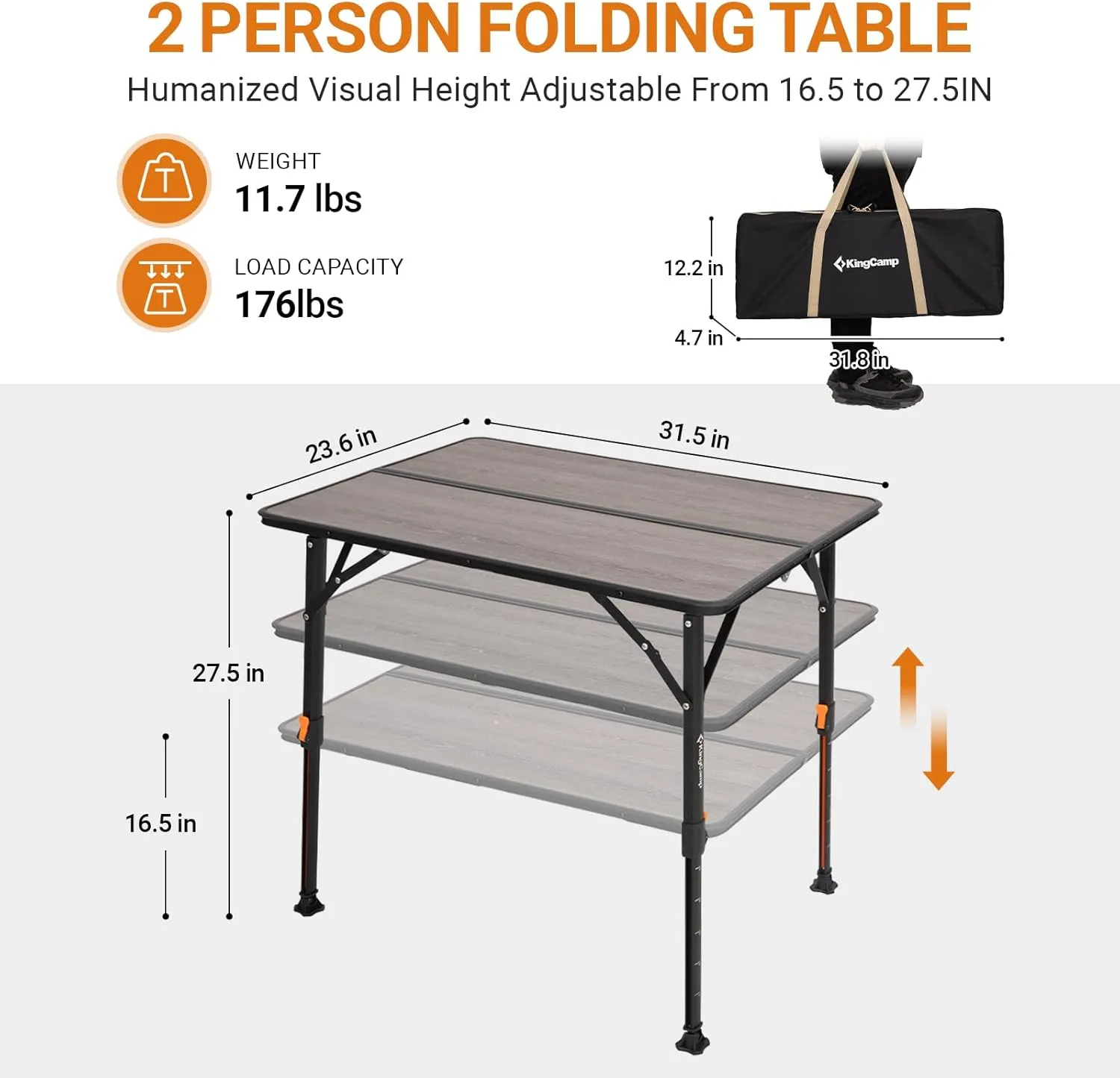 KingCamp Folding Glass Fiber Camping Table, Portable Camp Table with Adjustable Height Aluminum Legs & Carry Bag for Outdoor, Picnic, Beach, Party, Indoor, Use for 2-4 People