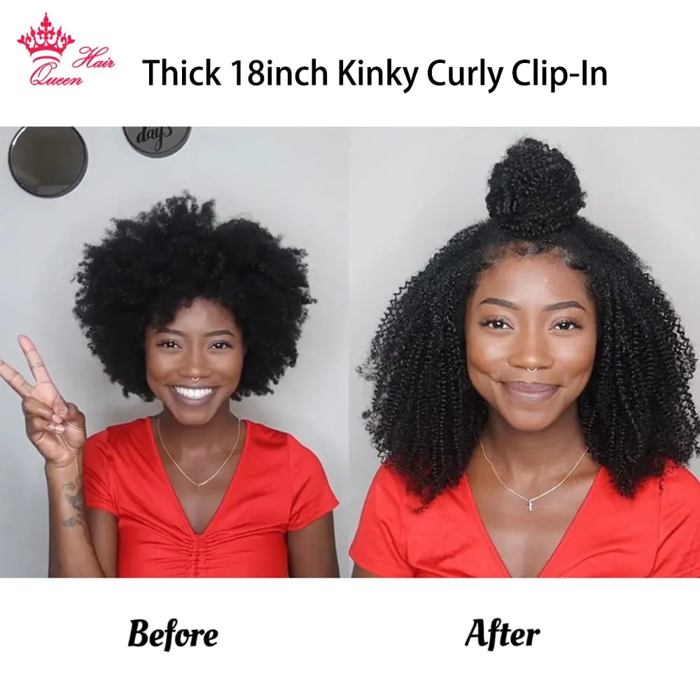 Kinky Curly Clip In Hair Extensions 100% Human virgin Unprocessed Hair For Women Natural Black Color 8 Pieces/Set Queen Hair Producs (14inches, Kinky Curly)