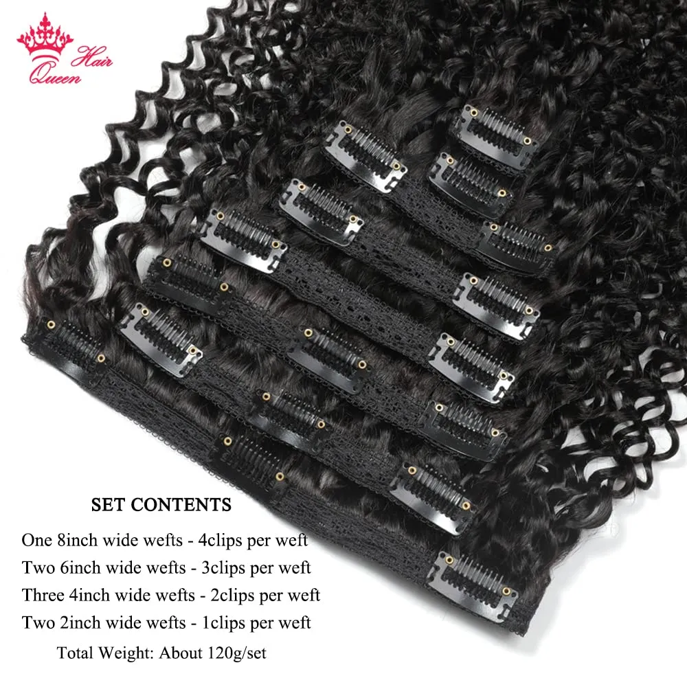 Kinky Curly Clip In Hair Extensions 100% Human virgin Unprocessed Hair For Women Natural Black Color 8 Pieces/Set Queen Hair Producs (14inches, Kinky Curly)
