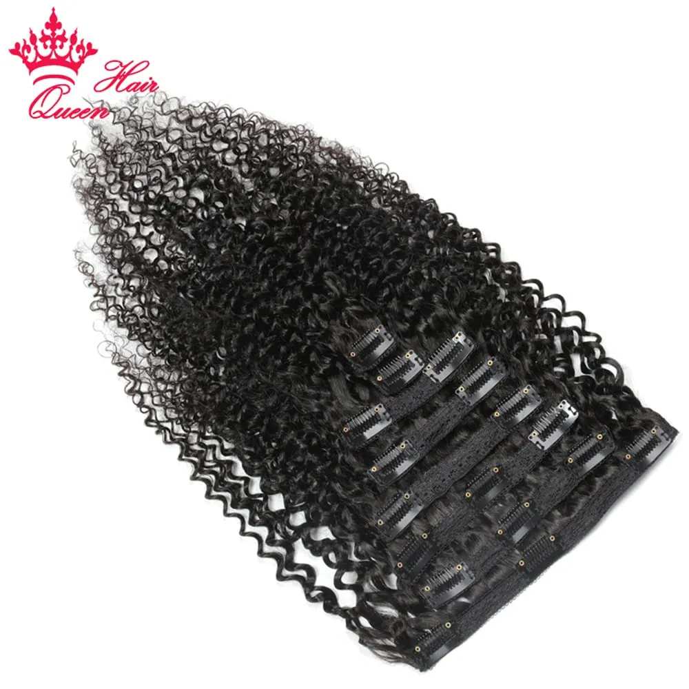 Kinky Curly Clip In Hair Extensions 100% Human virgin Unprocessed Hair For Women Natural Black Color 8 Pieces/Set Queen Hair Producs (14inches, Kinky Curly)