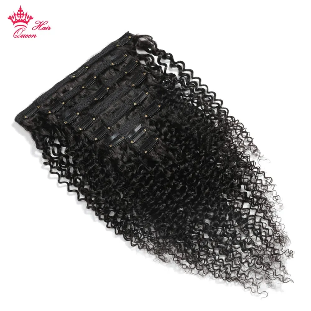 Kinky Curly Clip In Hair Extensions 100% Human virgin Unprocessed Hair For Women Natural Black Color 8 Pieces/Set Queen Hair Producs (14inches, Kinky Curly)