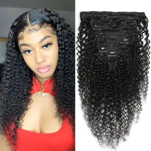 Kinky Curly Clip In Hair Extensions 100% Human virgin Unprocessed Hair For Women Natural Black Color 8 Pieces/Set Queen Hair Producs (14inches, Kinky Curly)
