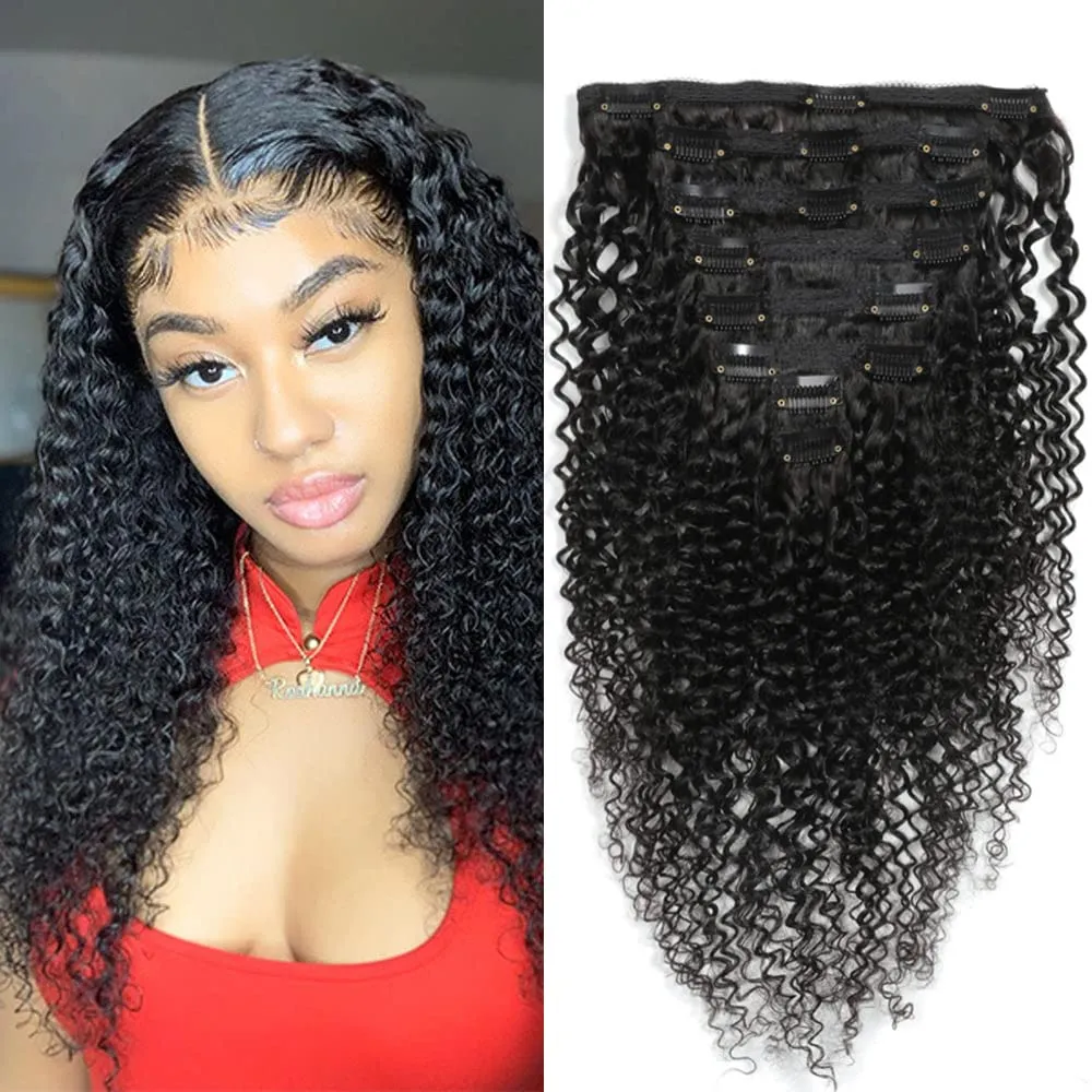 Kinky Curly Clip In Hair Extensions 100% Human virgin Unprocessed Hair For Women Natural Black Color 8 Pieces/Set Queen Hair Producs (14inches, Kinky Curly)