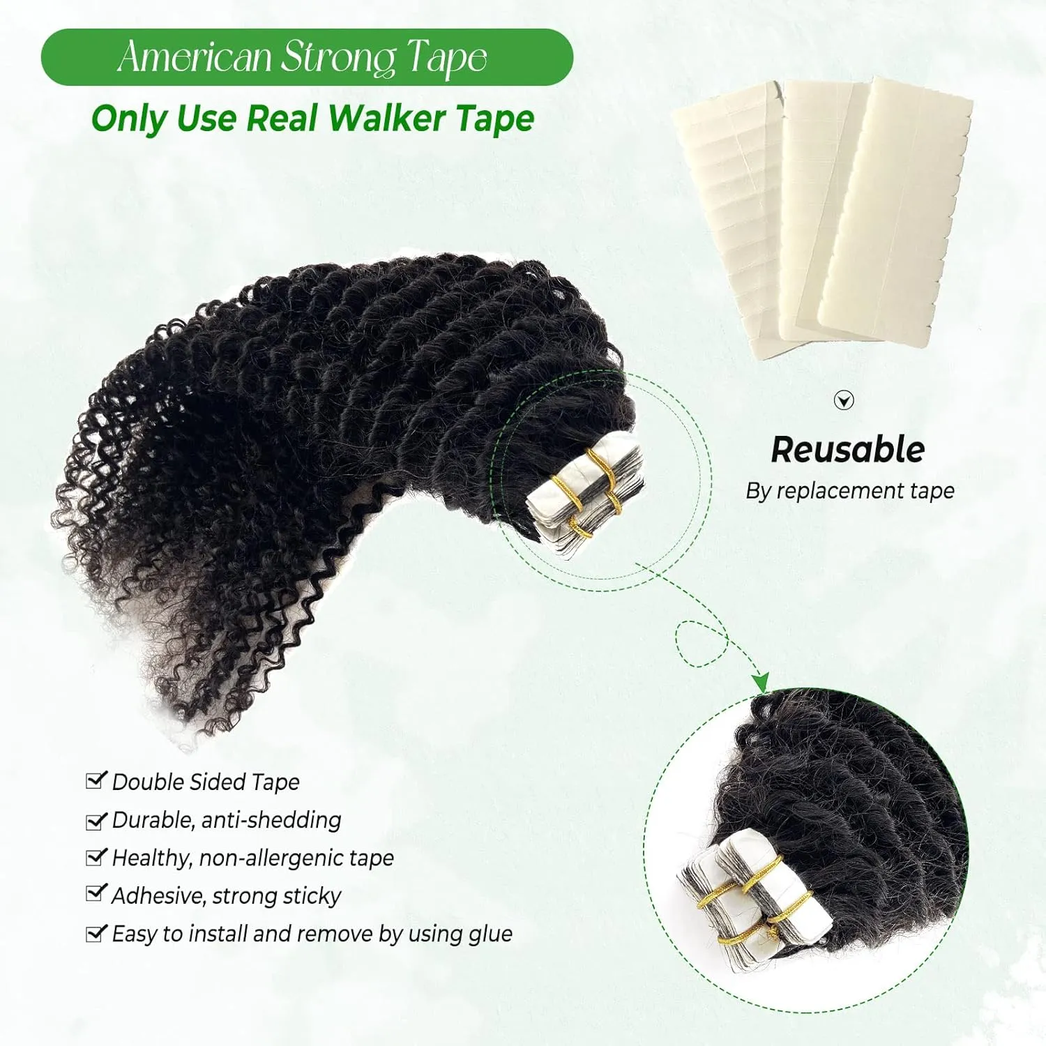 Kinky Curly Tape in Hair Extensions Human Hair Black Women Real Hair Extensions 40 Pieces Curly Tape ins,100G Double Sided Kinky Curly Tape Hair Extensions 16Inch for Black Girls