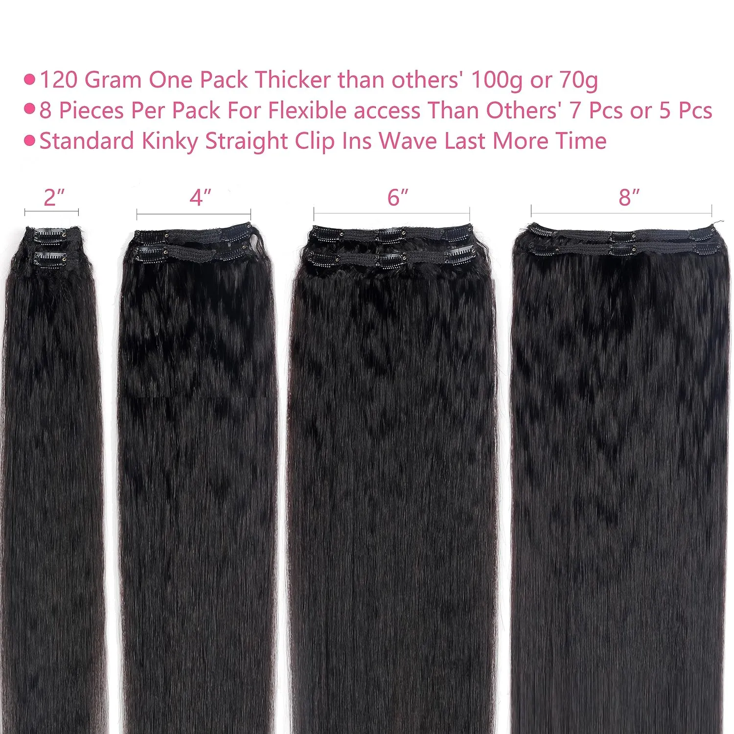 Kinky Straight Clip in Hair Extensions Real Human Hair Clip ins Natural Black Double Weft Clip ins for Women 12 Inch 120g 8pcs Kinky Straight Clip on Extensions Human Hair