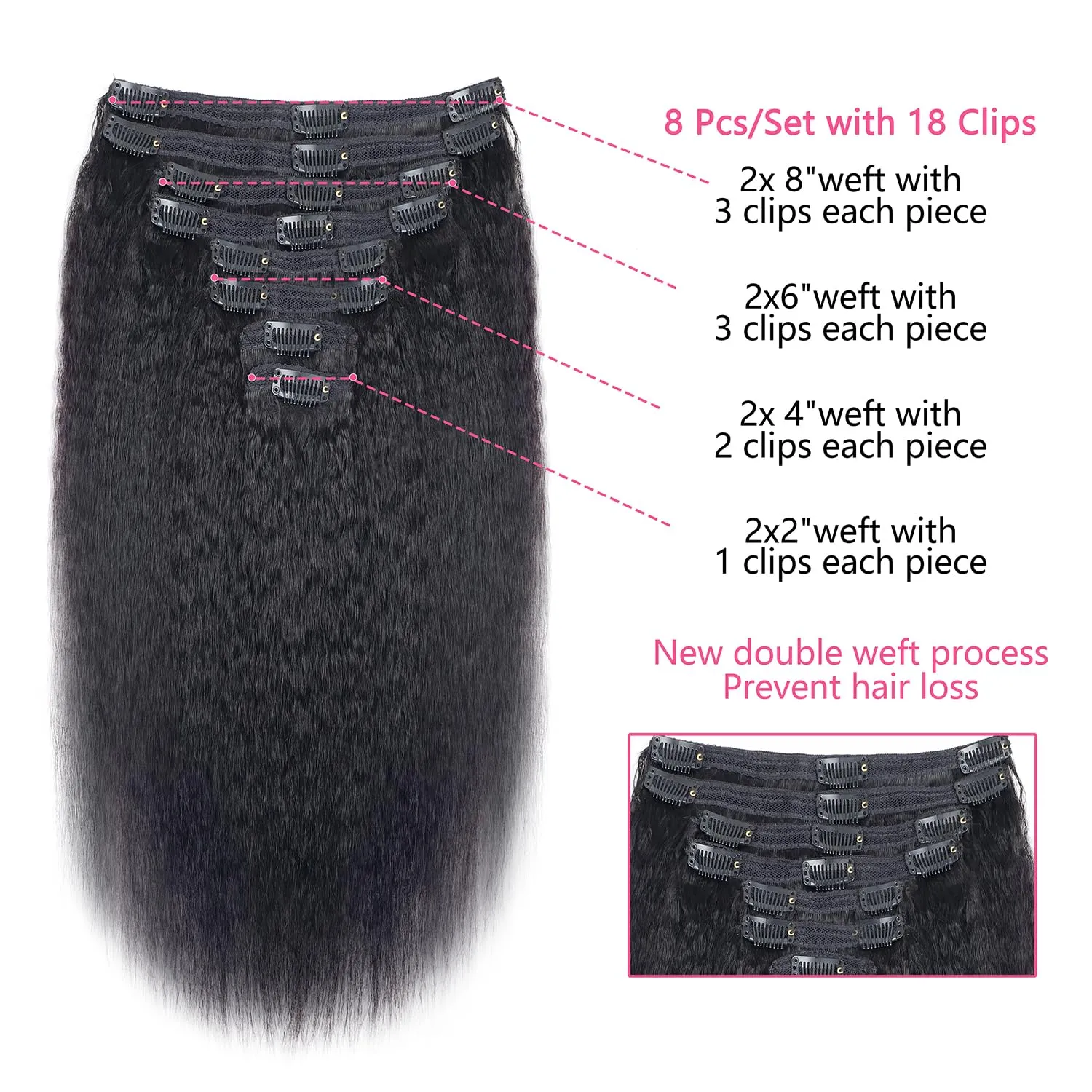Kinky Straight Clip in Hair Extensions Real Human Hair Clip ins Natural Black Double Weft Clip ins for Women 12 Inch 120g 8pcs Kinky Straight Clip on Extensions Human Hair