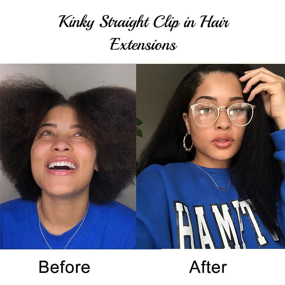 Kinky Straight Clip in Hair Extensions Real Human Hair Clip ins Natural Black Double Weft Clip ins for Women 12 Inch 120g 8pcs Kinky Straight Clip on Extensions Human Hair