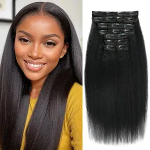 Kinky Straight Clip ins 8Pcs 110g 16 Inch Clip in Hair Extensions Real Human Hair Yaki Straight Clipins for Black Women Double Weft Full Head Brazilian Remy Hair Extensions 20 Clips
