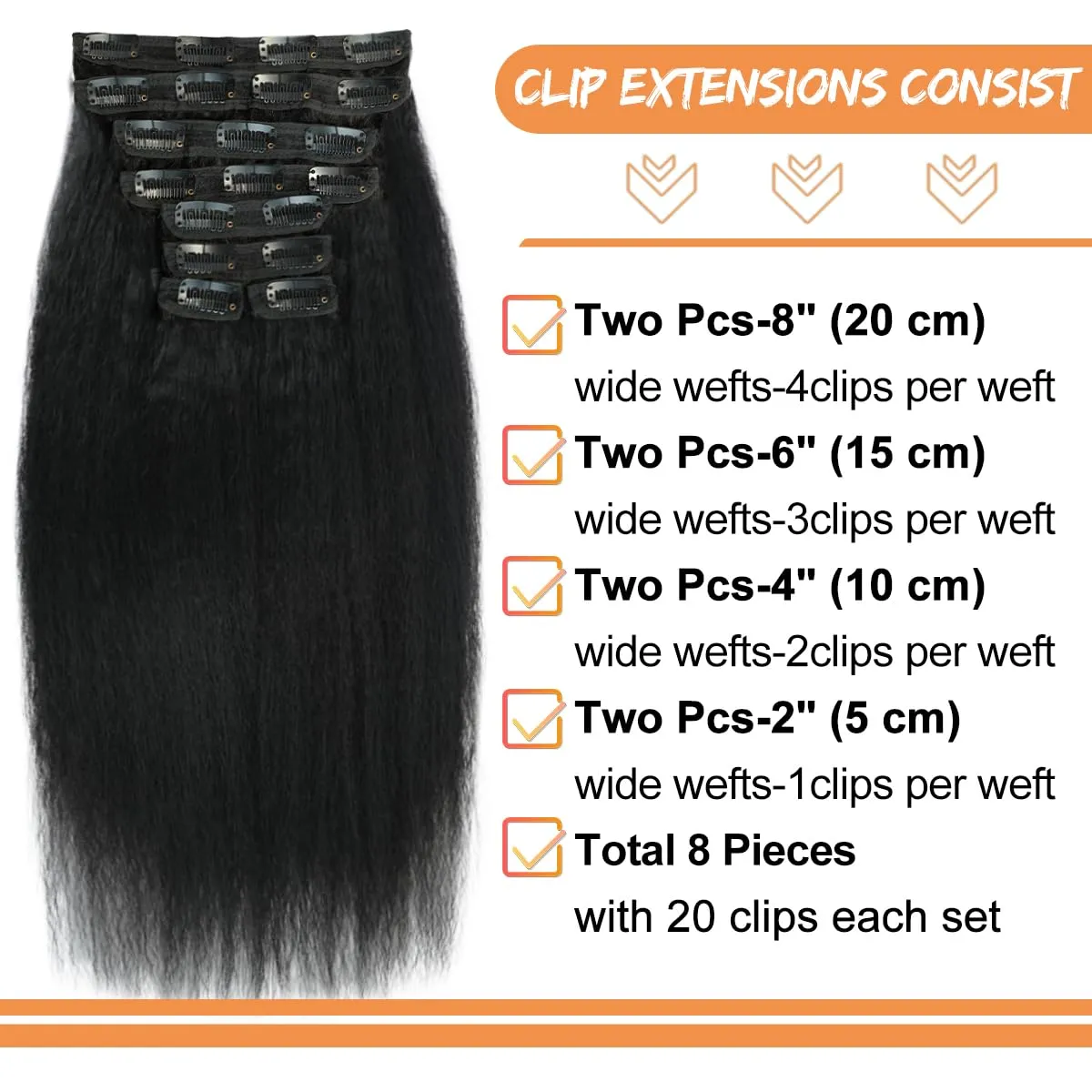 Kinky Straight Clip ins 8Pcs 110g 16 Inch Clip in Hair Extensions Real Human Hair Yaki Straight Clipins for Black Women Double Weft Full Head Brazilian Remy Hair Extensions 20 Clips