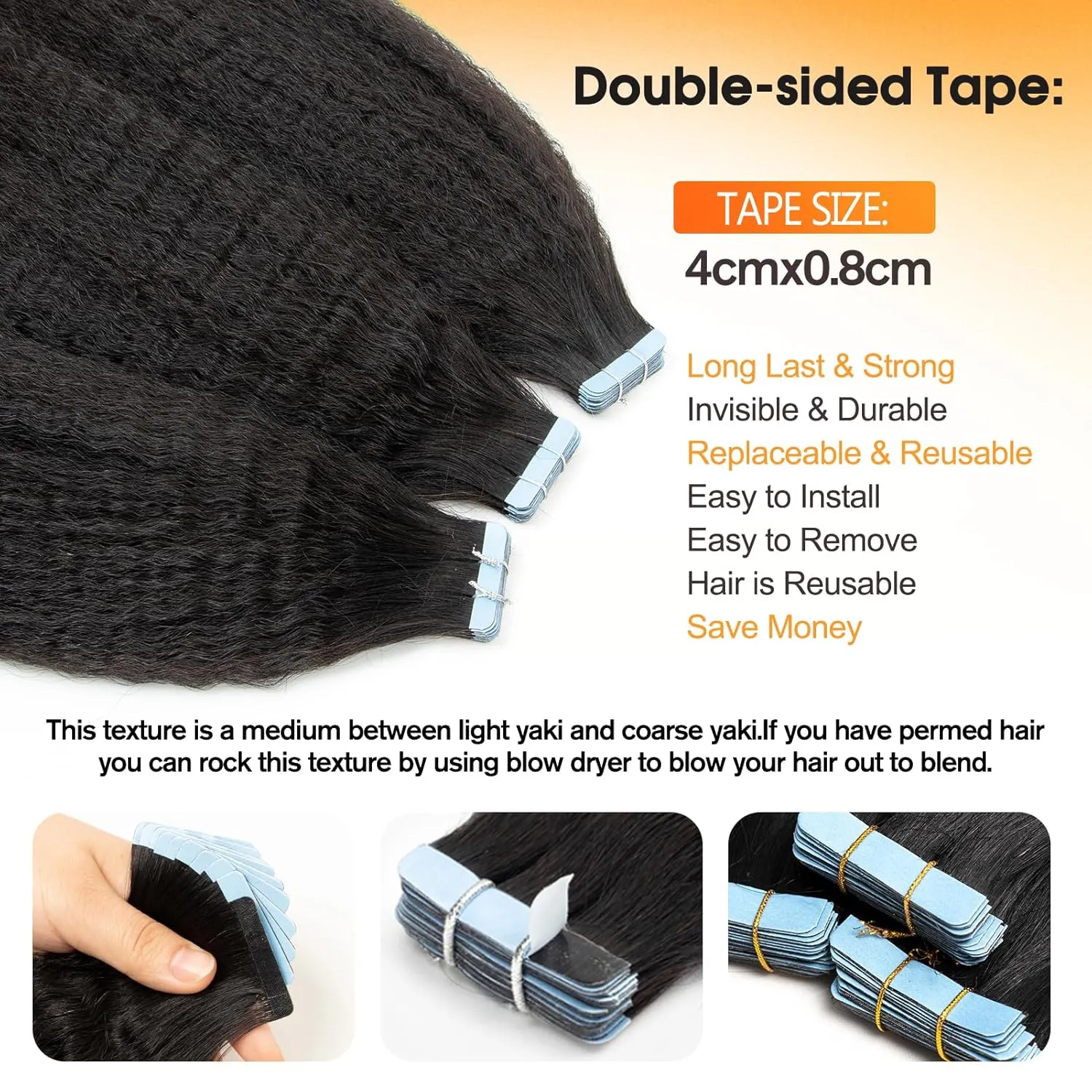 kinky Straight Tape ins Human Hair Extensions Black Girl Tape in Hair Extensions Human Hair Invisible Tape ins Seamless PU Skin Weft Soft Natural Black Hair Extension 12 Inch 40g 20pcs/Pack