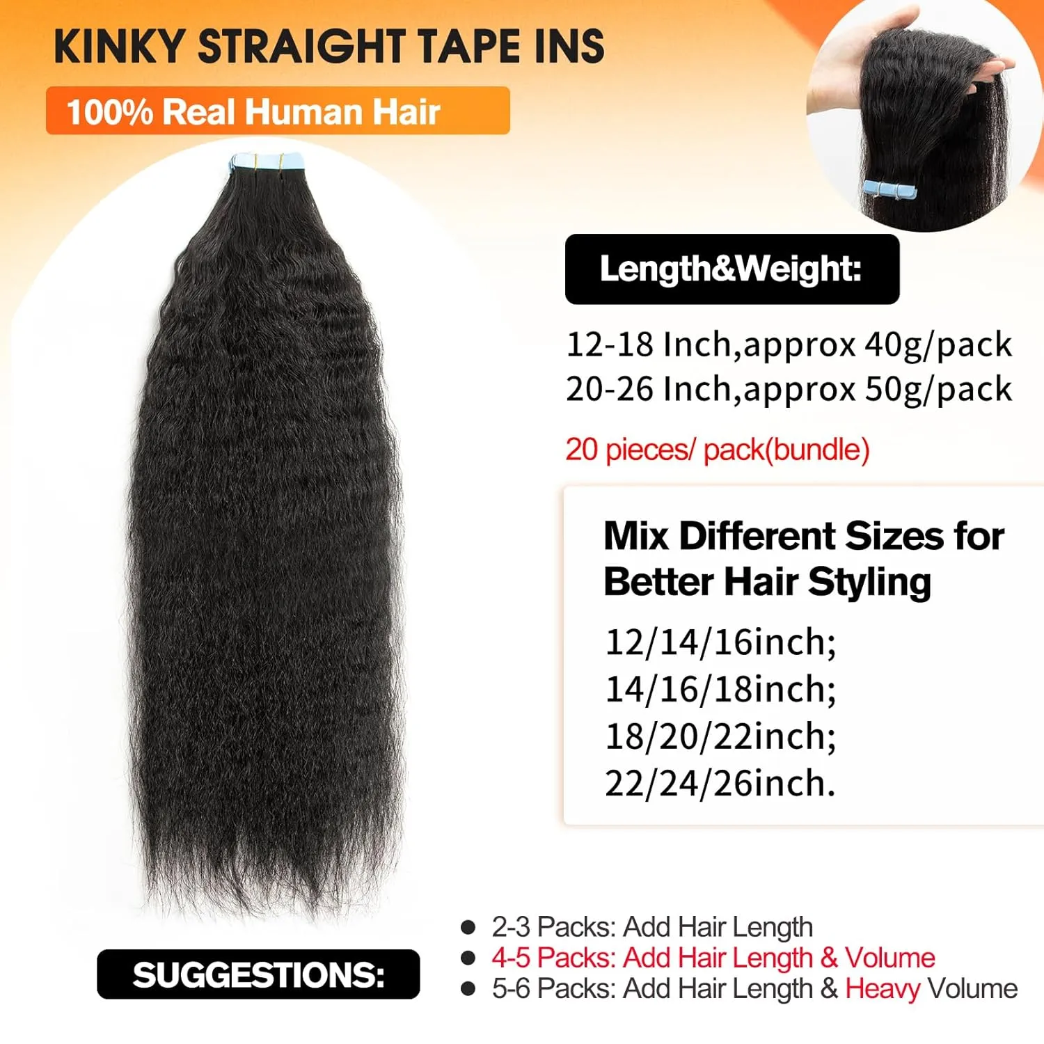kinky Straight Tape ins Human Hair Extensions Black Girl Tape in Hair Extensions Human Hair Invisible Tape ins Seamless PU Skin Weft Soft Natural Black Hair Extension 12 Inch 40g 20pcs/Pack