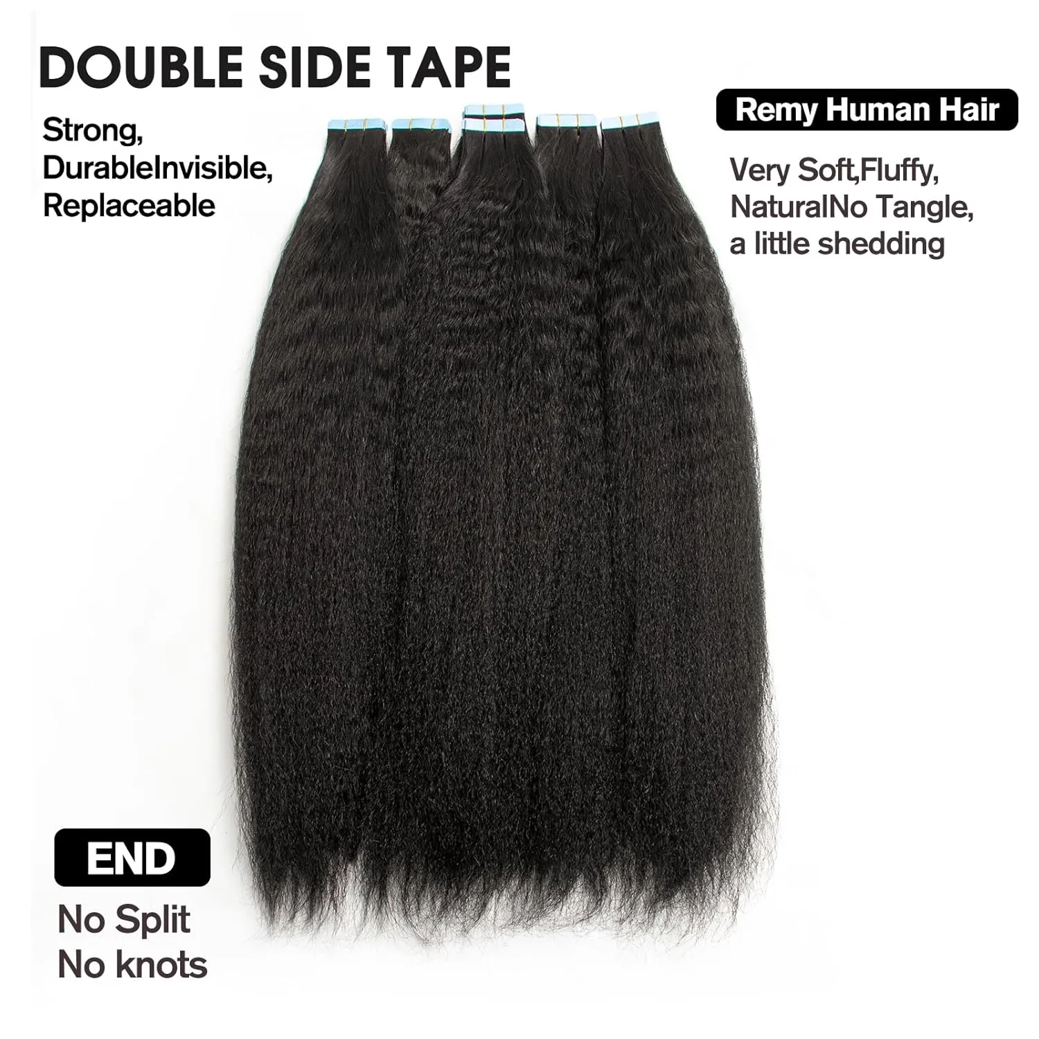 kinky Straight Tape ins Human Hair Extensions Black Girl Tape in Hair Extensions Human Hair Invisible Tape ins Seamless PU Skin Weft Soft Natural Black Hair Extension 12 Inch 40g 20pcs/Pack