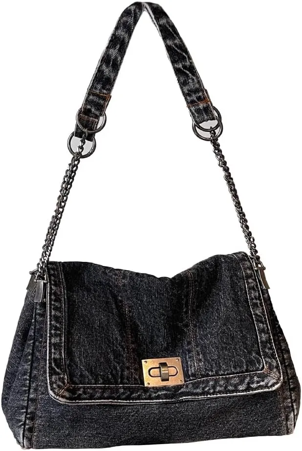 KlaOYer Denim Shoulder Bag for Women Jean Tote Bag Adjustable Chain Strap Crossbody Bags Y2k Trendy Hobo Purse Handbag